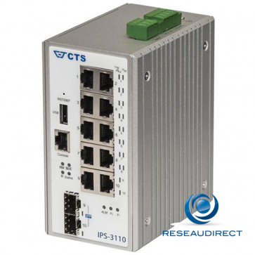 CTS IPS-3110 Switch industriel 10 ports L2+ Ring 8x1000Base-T POE+ 240 Watts 2x-SFP 100-X/1000-X double alim 48VDC -40/+75°C