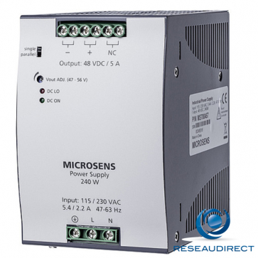 Microsens MS700458 alimentation 47-56 VDC rail DIN 480W-10 A entrée 90-132/180-264 VAC températures -40 à 70°C =