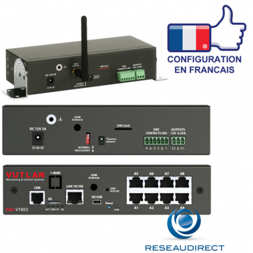 Vutlan VT805 Boitier monitoring IP 1 Can 8 ports capteurs analogiques 4 contacts secs 1 USB 1 SD 2 relais sortants-alarmes Rj45 100mbs
