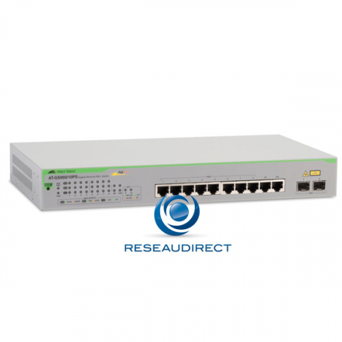 Allied Telesis AT-GS950/10PS Switch Gigabit Ethernet 8 ports 100/1000 Mbs POE+ 75 Watts 2xSFP/RJ45 Websmart Niveau 2 Fanless