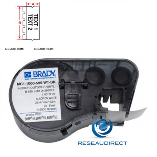 Brady BMP51-53 B595 MC-750-595-WT-BK 143372 étiquettes vinyl Intérieur-Extérieur Noir sur Blanc Continu L=7.62 m l=19.05 mm BMP41