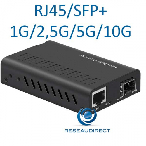 - Fiberroad FR-2222 Mini-Convertisseur Multigigabit 10 Gbps 10/100 Mbps 1G 2.5G 5G 10G cuivre RJ45 vers SFP+ 1G 2.5G 5G 10G LFPT alim 5-12VDC vitesse réglable (25=)