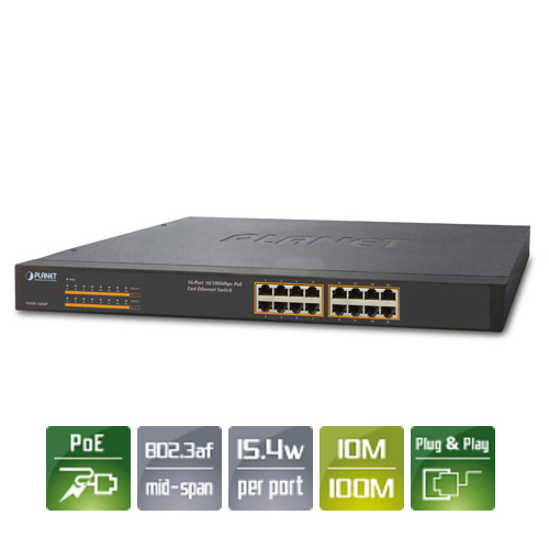 Planet FNS-W1600P Switch POE budget 125 Watts 16 ports fast Ethernet 100Mbits PoE 802.3af 19 pouces