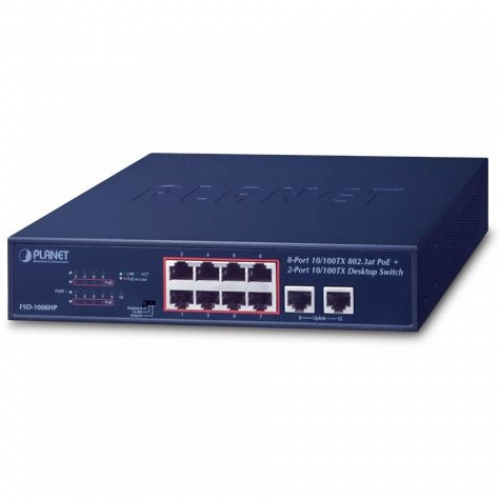 Planet FSD-1008HP Switch format 10pouces 8 ports POE 100Mbits budget 120W + 2 Uplink RJ45 avec fixations 19 pouces