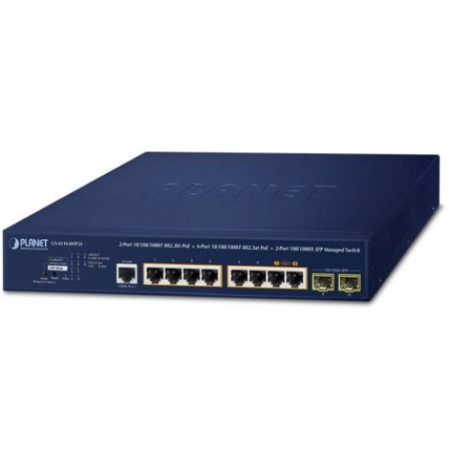 Planet GS-4210-8HP2S Switch administrable 8 ports Gigabit 10/100/1000Mbs POE+ 802.3at/bt budget 240 watts Budget 2 SFP 100/1000X