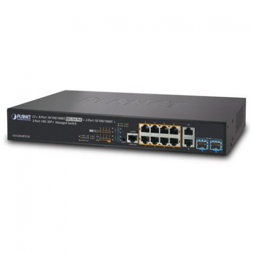 Planet GS-5220-8P2T2X Switch 10 ports dont 8 Giga POE budget 240 watts niveau 2 L2 routeur L3 2 Giga et 2 slots SFP+ 10 Gigabit