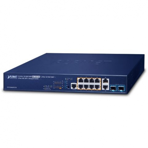 Planet GS-5220-8UP2T2X Switch 8 ports Gigabit Ultra-POE budget 270 watts niveau 2 L2 routeur L3 2 giga 2 slots SFP+ 10G