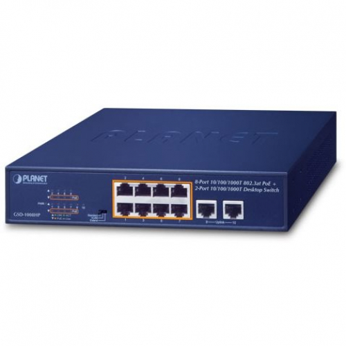Planet GSD-1008HP Switch format 10 pouces 8 ports POE Gigabit budget 120W + 2 Uplink RJ45 avec fixations 19 pouces