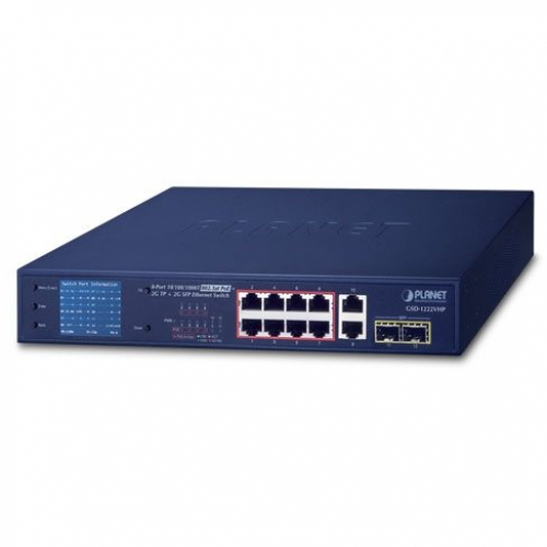 Planet GSD1222VHP Switch POE 8 ports Gigabit 802.3at budget puissance 220W 2 combos RJ45-SFP 19p écran LCD