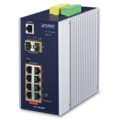 Planet IGS-10020PT Switch industriel manageable L2 IP30 8 ports RJ45 Gigabit PoE 2 slots SFP -40/75°C