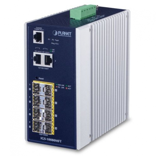 Planet IGS-10080MFT Switch industriel Concentrateur optique manageable IP30 8 slots SFP 2 ports Gigabit RJ45 températures de -40/75°C