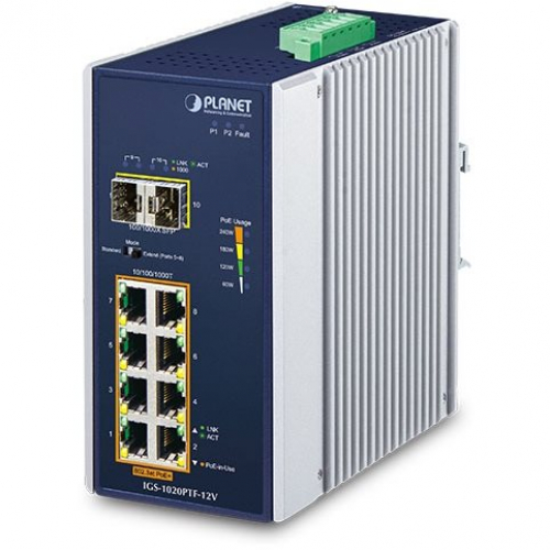 Planet IGS-1020PTF-12V Switch industriel Commutateur ethernet Rail DIN 8 ports Gigabit 802.3 at 2 slots SFP -40/75°C alimentation 12V-56VDC