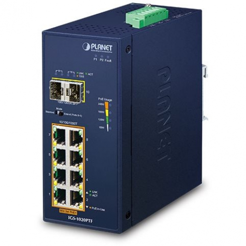 Planet IGS-1020PTF Switch industriel POE+ 240W Commutateur ethernet Rail DIN 8 ports Gigabit 802.3 at 2 slots SFP -40/75°C alimentation 48V-56VDC