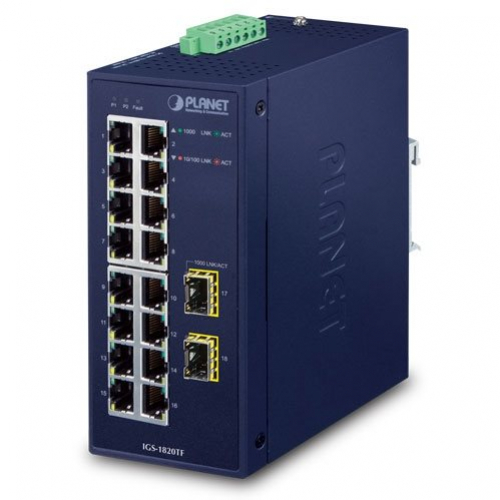 Planet IGS-1820TF Switch industriel Rail Din Commutateur Ethernet 16 ports Gigabit RJ45 +2 SFP -40/75°C