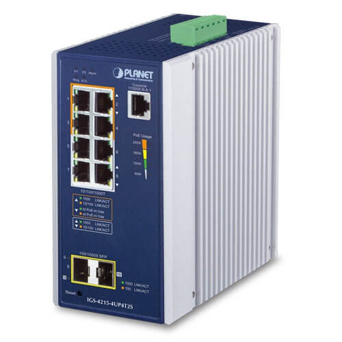 Planet IGS4215-4UP4T2S Switch industriel 4 ports Gigabit PoE 802.3BT + 4 Giga RJ45 + 2 SFP -40 +75 °C paramétrable L2 budget 240 watts