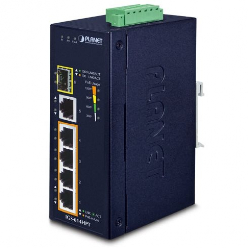 Planet IGS-614HPT Switch POE industriel 5 ports Gigabit dont 4 PoE+ 802.3 at ou af budget 120 watts SFP Giga  -40/75°C