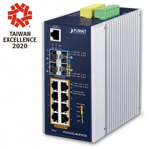 Planet IGS-6325-8UP2S2X Switch industriel rail DIN niveau 3 L3 8 ports Gigabit PoEBiudget 360 watts 2 SFP 2 SFP+ -40/75°C