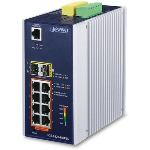 Planet IGS-6325-8UP2S Switch industriel POE+ rail DIN commutateur niveau 3 L3 8 ports Gigabit PoE 802.3 bt 2 SFP -40/+75°C