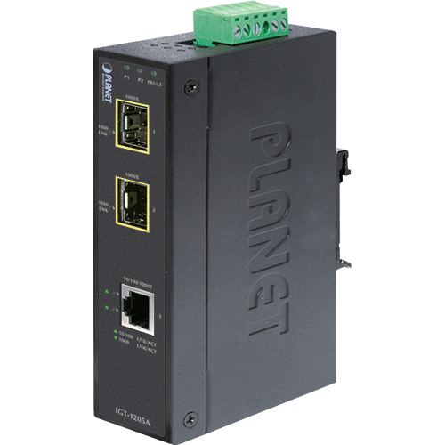 Planet IGT-1205AT convertisseur Industriel Gigabit Ethernet avec 1 RJ45 Gigabit et 2 slots pour transceivers SFP 1000mbs -40/+75°C