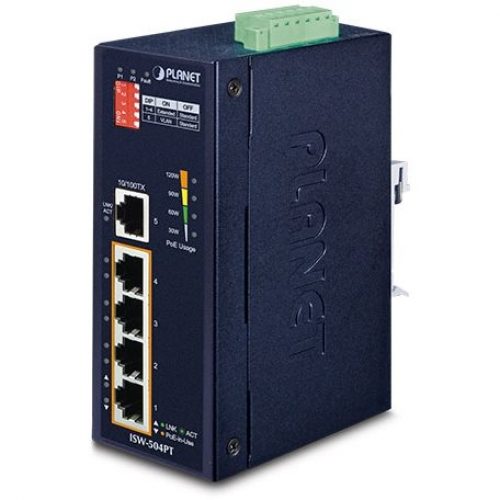 Planet ISW-504PT Switch POE industriel puissance 120 Watts IP40 5 ports 100mbs dont 4 PoE -40/75°C Alim 48VDC