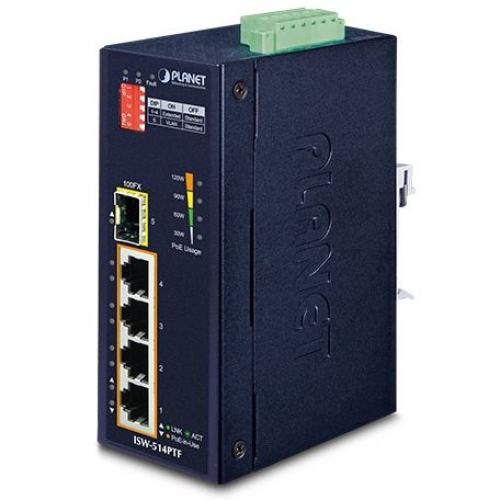 Planet ISW-514PTF Switch POE Ethernet industriel 62 Watts IP30 4 ports POE 100mbs 1 x SFP à 100Mbs  -40/75°C Alim 48VDC