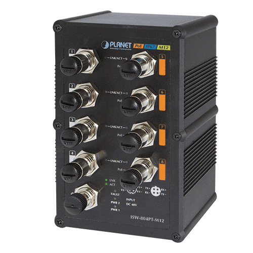 Planet ISW-804PT-M12 Switch industriel norme IP 67 8 ports 100Mbits PoE connecteurs M12 température -40/75°C