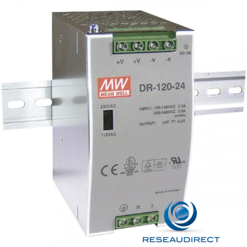 Meanwell DR-120-24 Alimentation 24 VDC rail DIN 120W/5A entrée 88-132 VAC ou 176-264 VDC températures -10 à 60°C