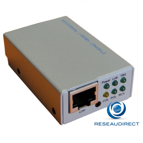Netkea NTK-AUI-Rj45 Micro-transceiver Ethernet 10Mbs AUI-15 points vers 10baseT RJ45 Boitier métal 6LEDS avec contrôle Sqe (25=) Reste 6 pièces en stock