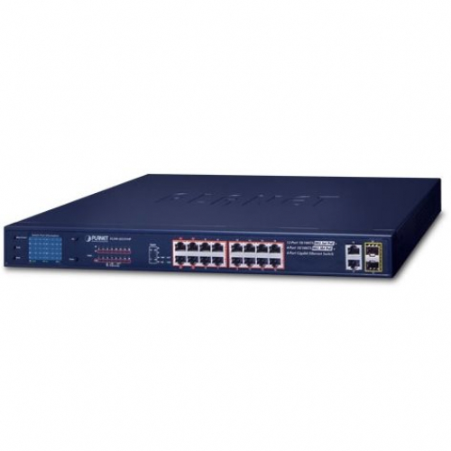 Planet FGSW-2022VHP Switch POE 300 watts écran LCD 16 ports 100 Mbs 2 Giga RJ45 2 SFP 12 PoE at et 4 bt Extended mode