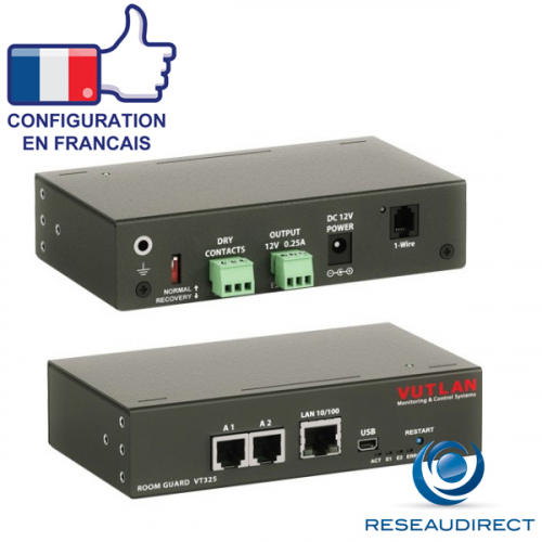 Vutlan VT325 Mini Boitier monitoring IP 2 ports capteurs analogiques 2 contacts secs 1 USB 2 alarmes-relais sortants Rj45 100mbs