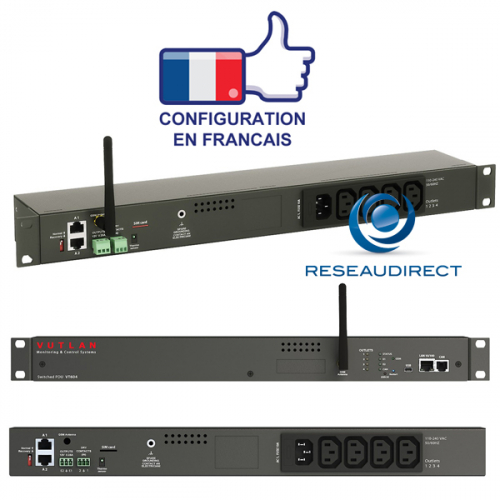 Vutlan VT604 Boitier PDU IP 1 entrée C14 4 sorties C13 Can 2 ports capteurs 2 contacts secs 1 USB 2 relais 12 volts Ethernet