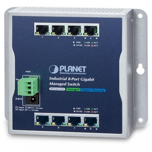 Planet WGS-4215-8T Switch Ethernet mural durci ultra-plat 8 Gigabit RJ45 boitier métal IP30 -40 +75° admin Niveau 2