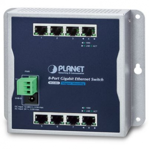 Planet WGS-803 Switch mural 8 ports Rj45 Gigabit IP30 températures -10 à +60° alimentation 48VDC