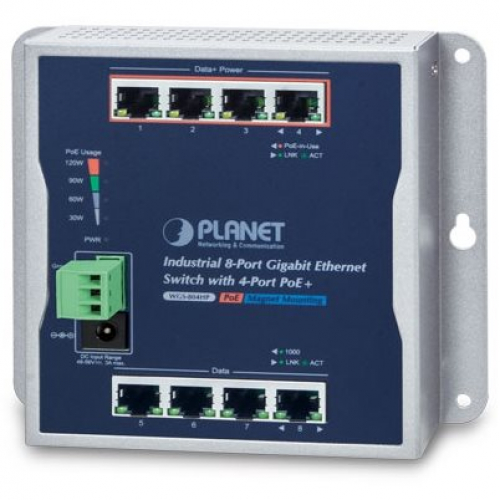 Planet WGS-804HP Switch mural 8 ports Rj45 Gigabit dont 4 PoE puissance 120 watts IP30 températures -10 à +60°