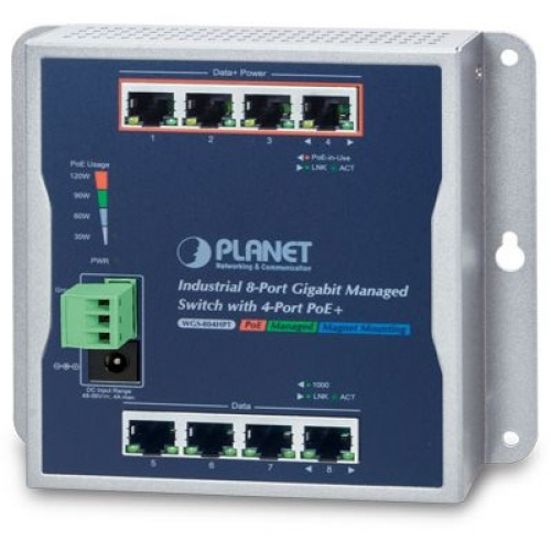 Planet WGS-804HPT Switch mural 8 ports Rj45 Gigabit dont 4 PoE puissance 120 watts IP30 températures -40 à +75°C