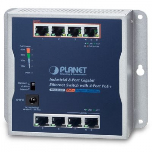 Planet WGS-814HP Switch mural commutateur Ethernet compact 8 ports Gigabit RJ45 dont 4 PoE+ at IP30 -20/+60°