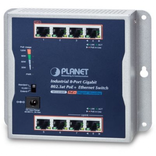 Planet WGS-818HP Switch mural commutateur Ethernet compact 8 ports Gigabit RJ45 PoE+ at IP30 -20/+60° budget 120 watts
