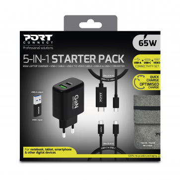 Alimentation USB GaN USB A + USB C 65W avec câbles