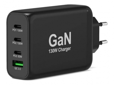 Alim USB GaN 1 USB A + 3 USB C 130W câble 2m